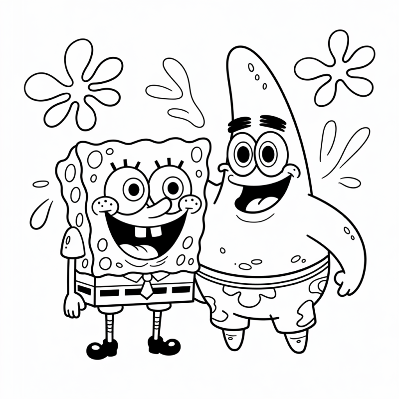 Desenho de Bob Esponja e Patrick sorrindo juntos sob o mar
