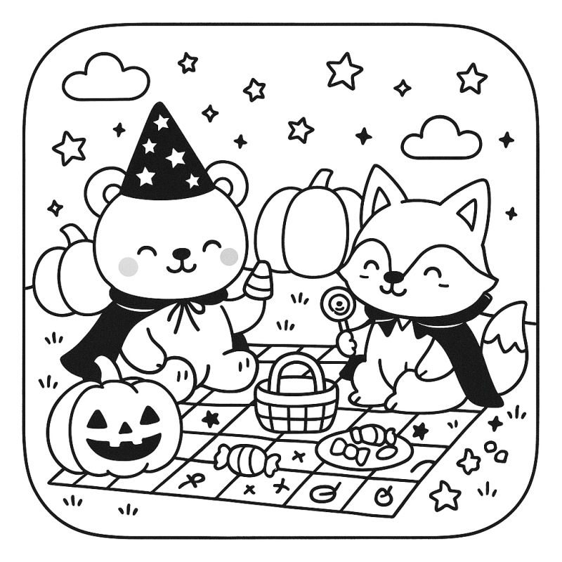 Desenho Fofinho de Halloween: Urso e Raposa para Colorir