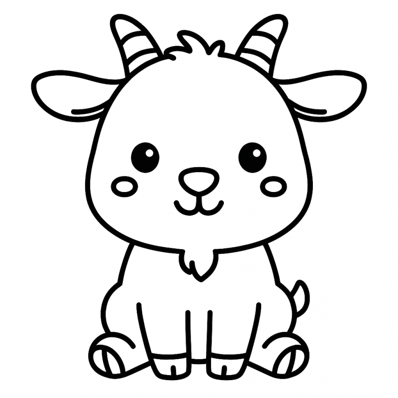 Desenho de bode estilo cartoon com grandes olhos e expressão amigável, ideal para crianças pequenas colorirem.