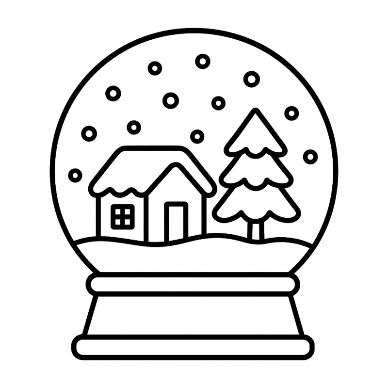 Desenho de bola de neve de Natal com casa e árvore, perfeito para crianças colorirem
