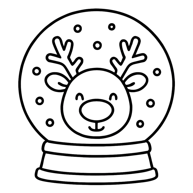 Desenho de uma bola de neve com uma rena natalina sorridente, perfeito para crianças colorirem.