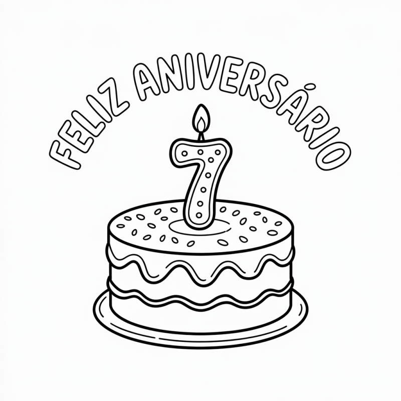Bolo de Aniversário de 7 Anos para Colorir