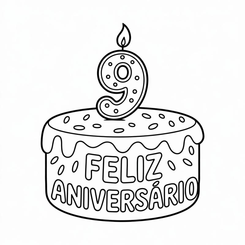 Bolo de Aniversário com Vela de 9 Anos para Colorir