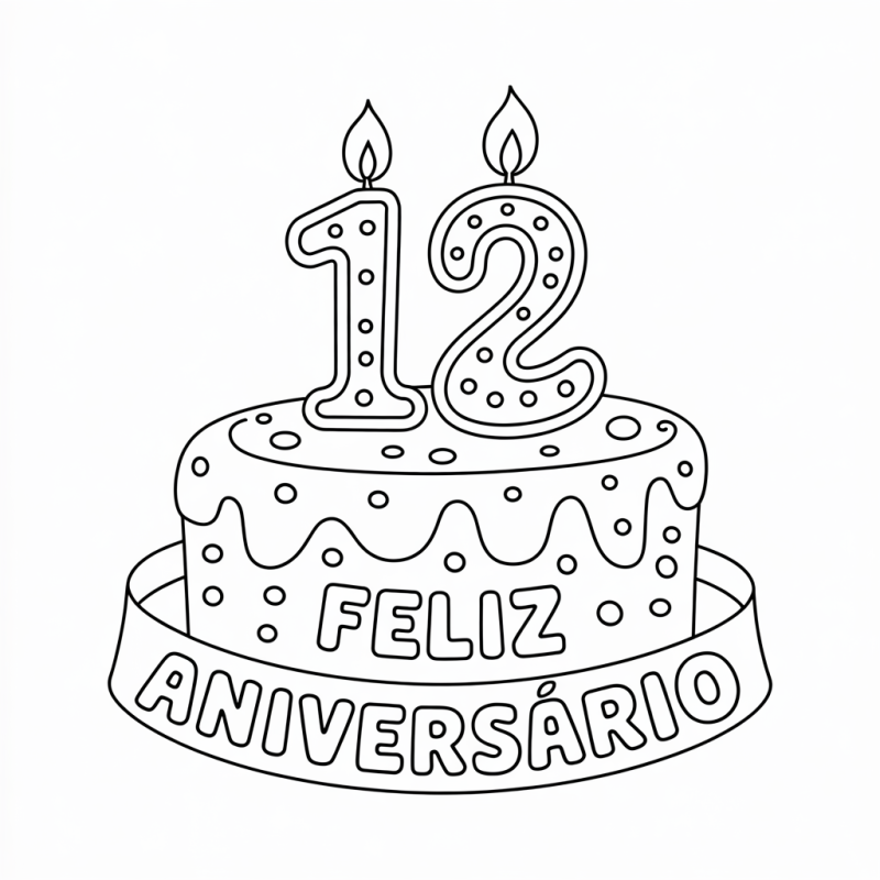Divirta-se com o Bolo de Aniversário de 12 Anos para Colorir