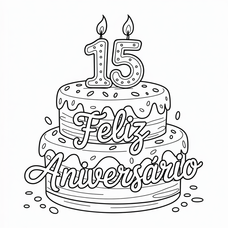 Bolo de Aniversário 15 Anos para Colorir