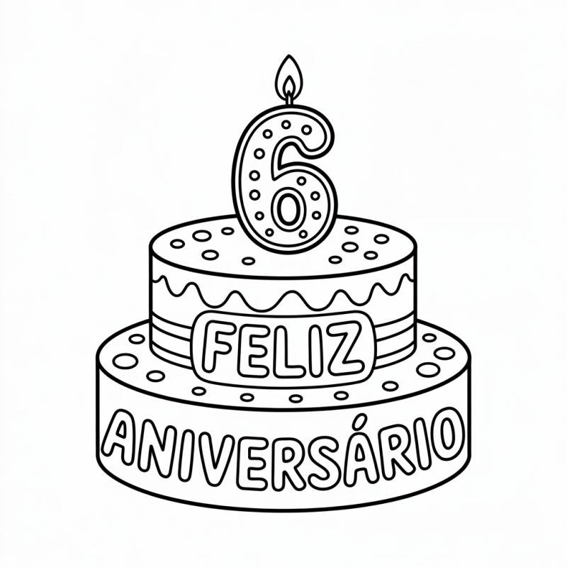 Colorir Bolo de Aniversário de 6 Anos