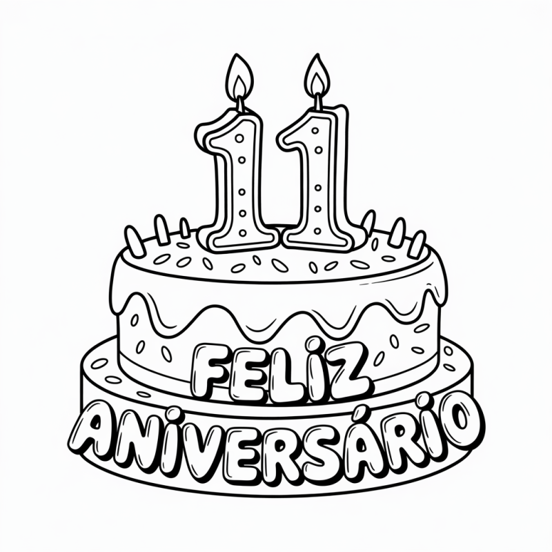 Bolo de Aniversário de 11 Anos para Colorir