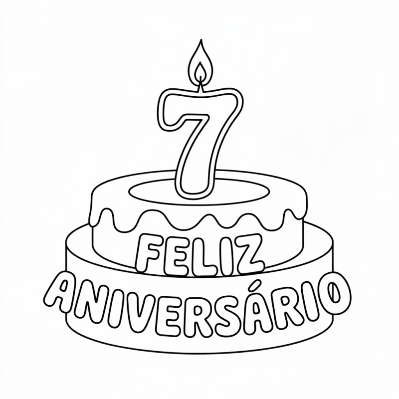 Desenho de Bolo de Aniversário com Vela 7 para Colorir