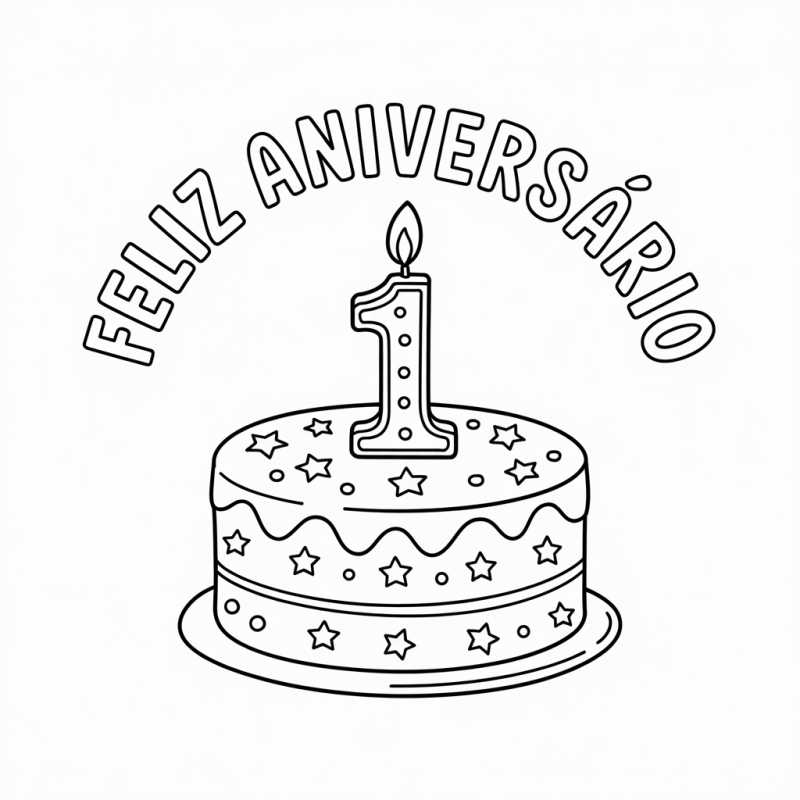 Desenho de Bolo de Aniversário para Colorir com Vela e Estrelas
