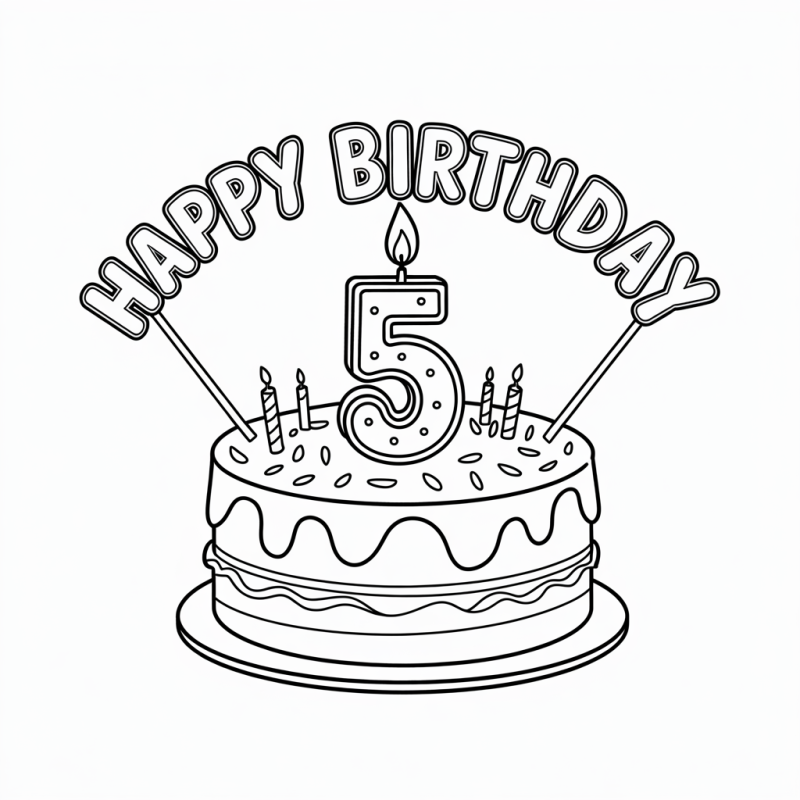 Desenho de Bolo de Aniversário com Número 5 para Colorir