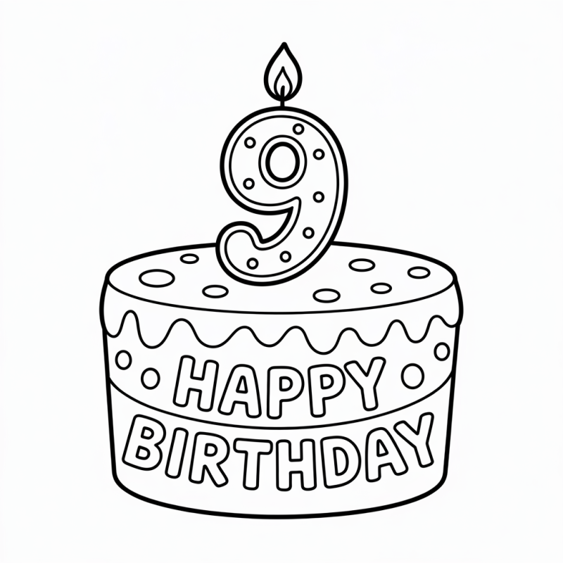 Bolo de Aniversário com Vela 9 para Colorir