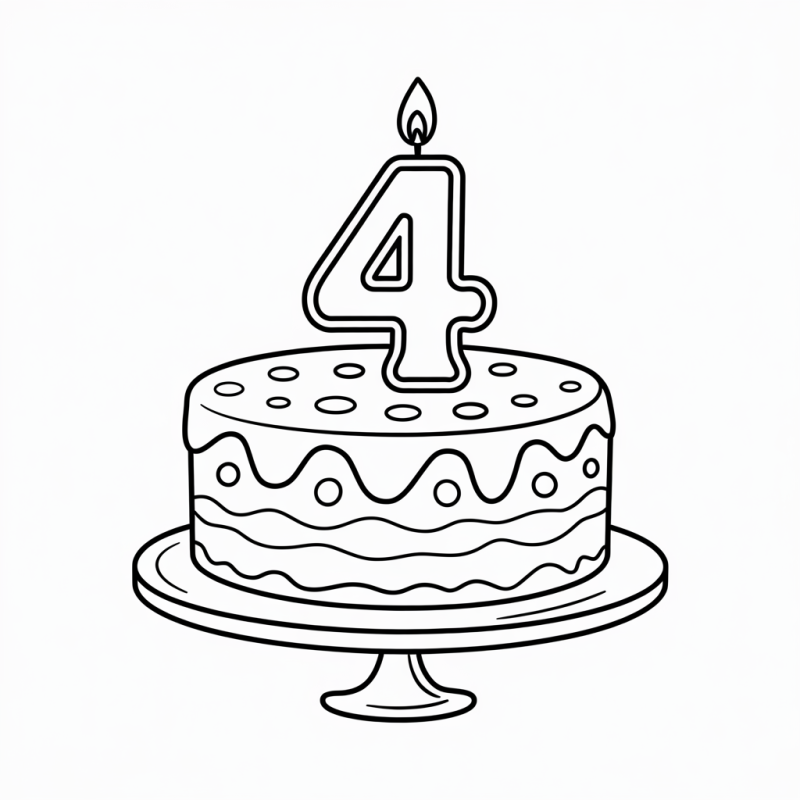 Desenho para Colorir: Bolo de Aniversário com Vela Número 4