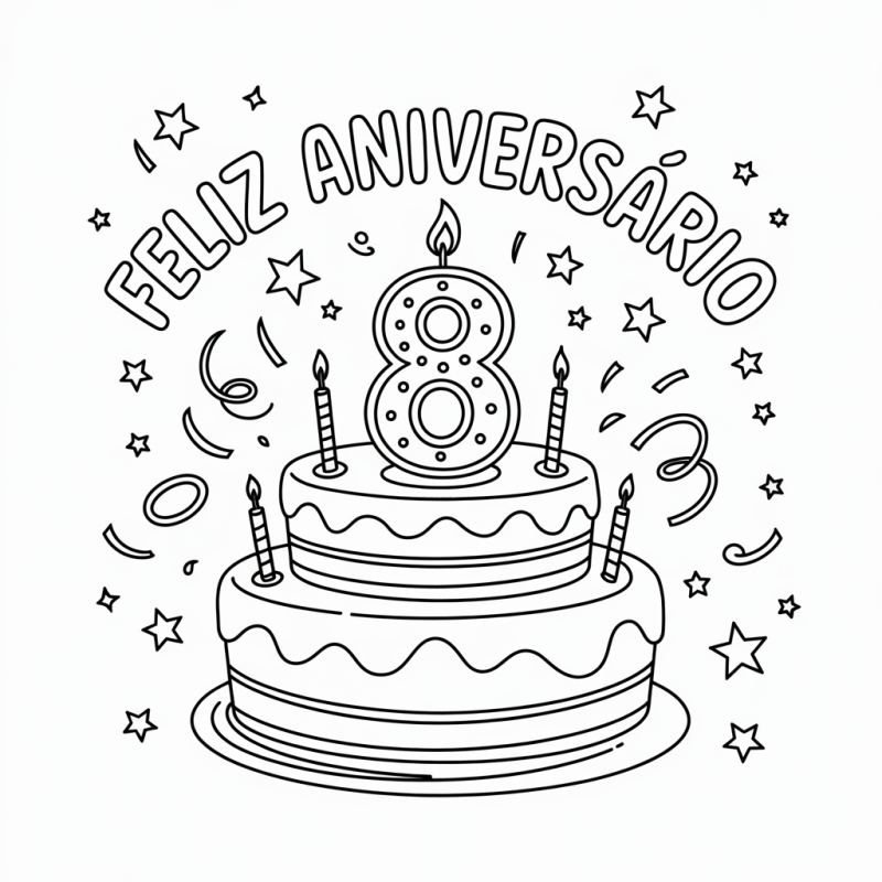 Colorir Bolo de Aniversário com Velas e Decoração Festiva