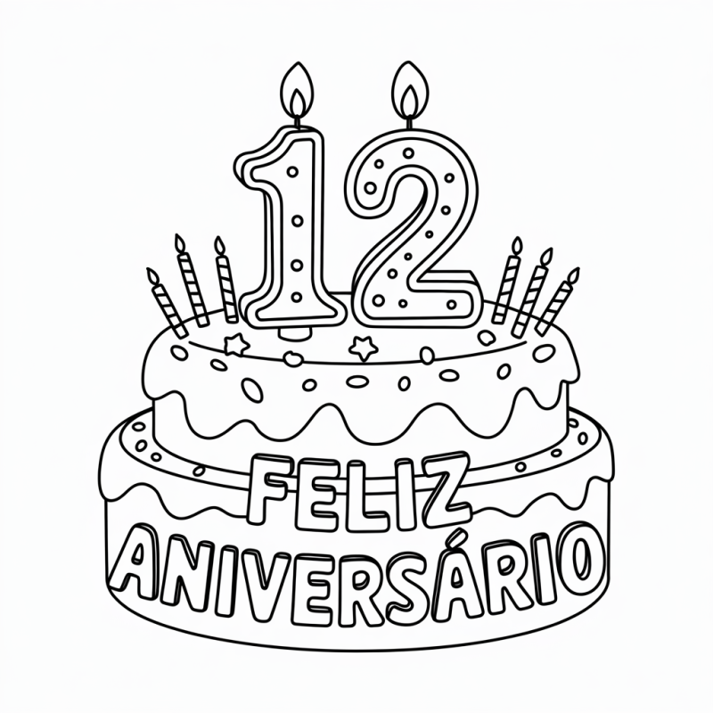 Bolo de Aniversário Detalhado com Velas Numéricas para Colorir