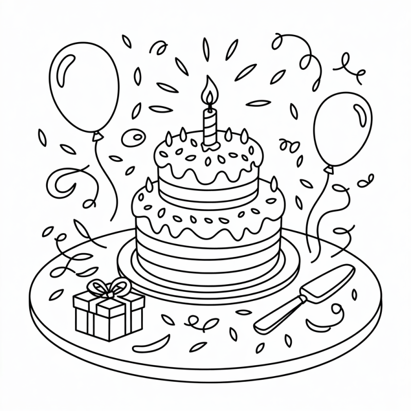Bolo Festivo com Balões e Velas para Colorir