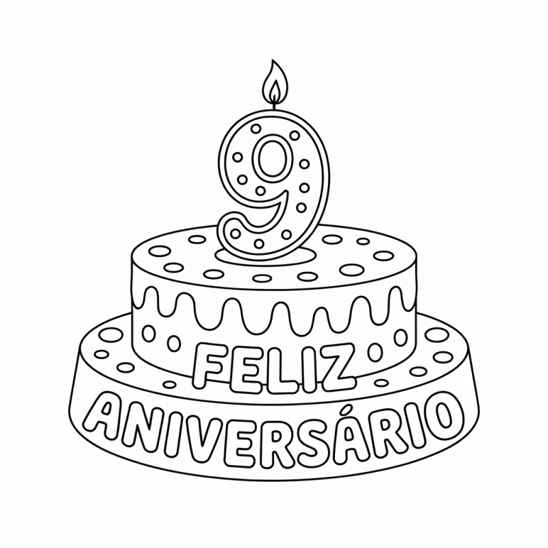 Bolo de Aniversário com Vela 9: Desenho para Colorir