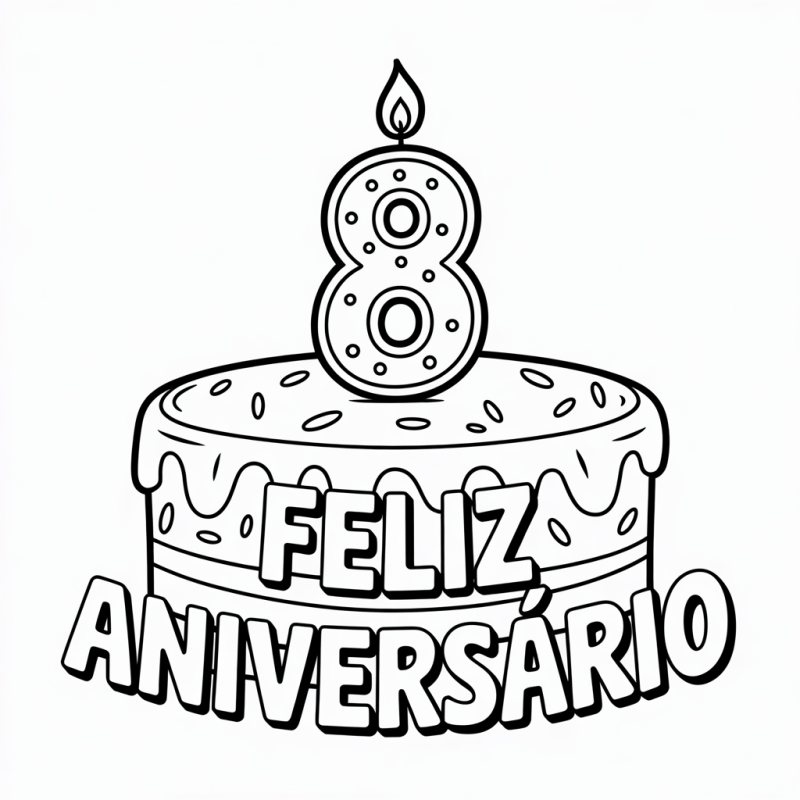 Colorir Bolo de Aniversário com Vela de 8 Anos