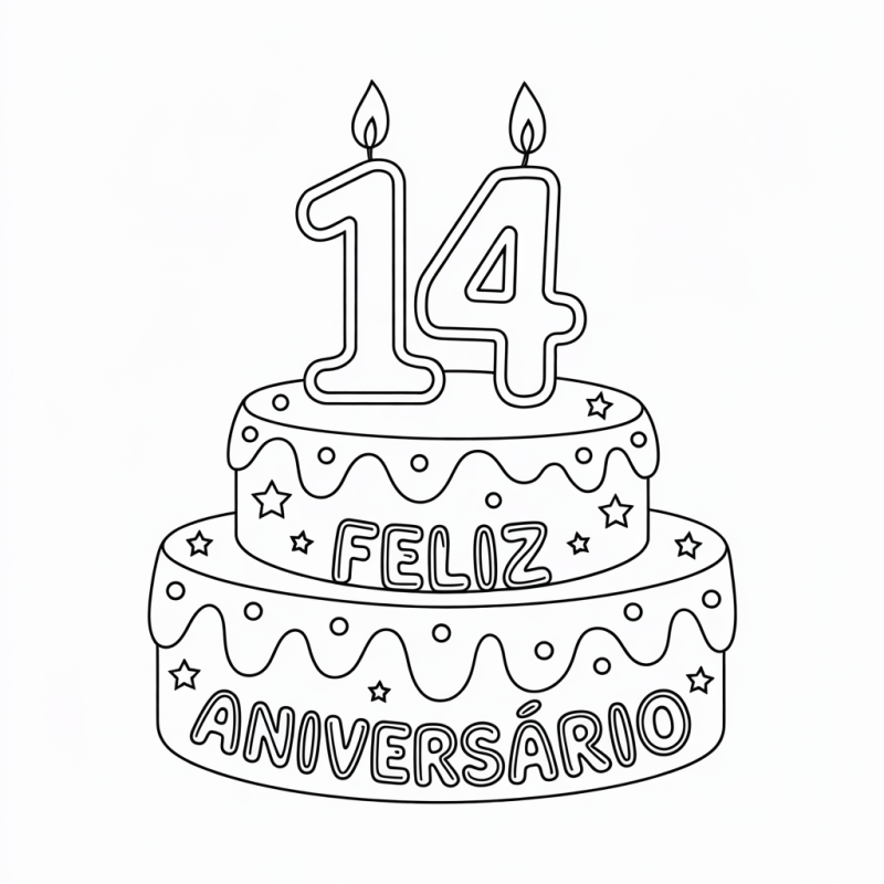 Desenho de Bolo de Aniversário com Velas de 14 Anos para Colorir