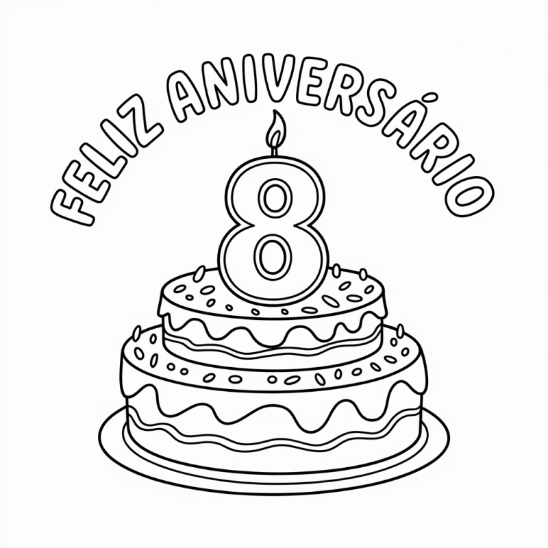 Bolo de Aniversário para Colorir: Dois Andares e Vela de Oito