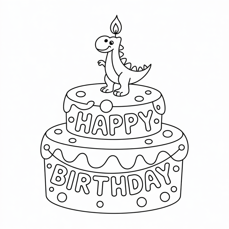 Desenho de Bolo de Aniversário com Dinossauro para Colorir
