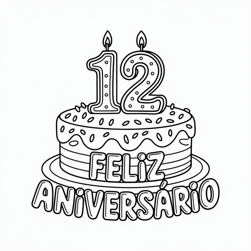 Desenho de Bolo de Aniversário de 12 Anos para Colorir