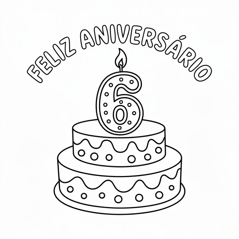 Colorir Bolo de Aniversário com Vela de 6 Anos