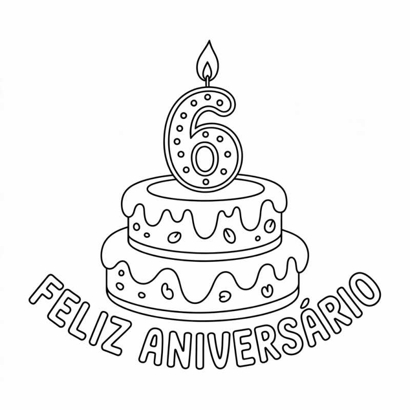 Desenho de Bolo de Aniversário com Vela Número 6 para Colorir