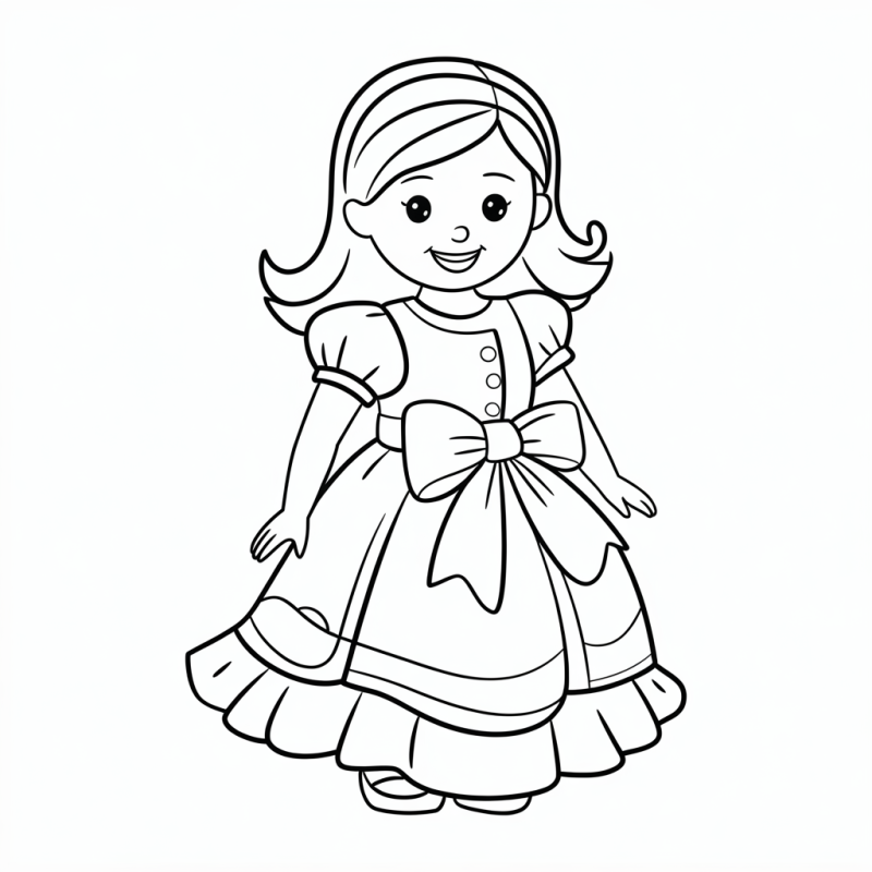 Imagem para colorir de uma boneca sorridente com vestido detalhado