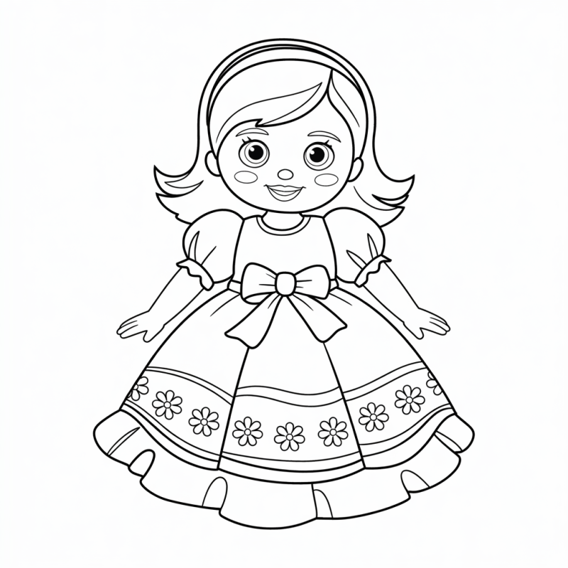 Boneca sorridente com vestido detalhado para colorir