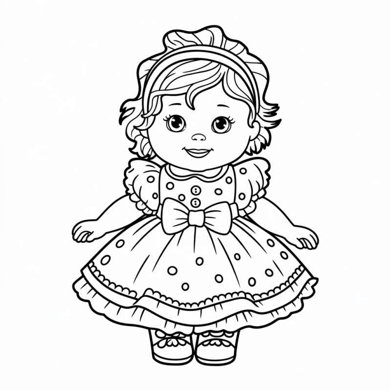 Desenho de uma boneca adorável com vestido detalhado para colorir
