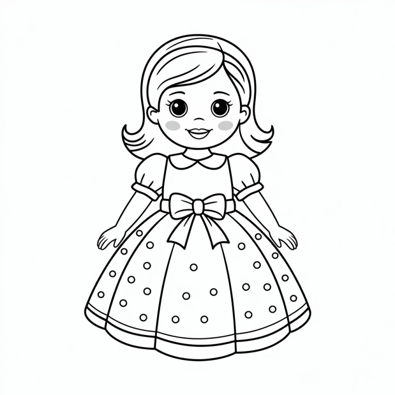 Desenho de boneca sorridente com vestido elegante para colorir