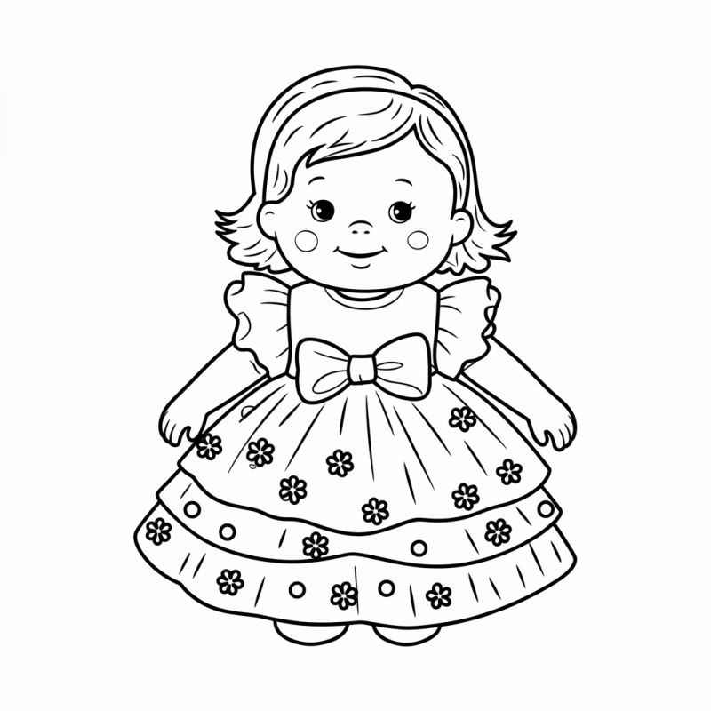 Desenho de boneca fofa com vestido elegante para colorir