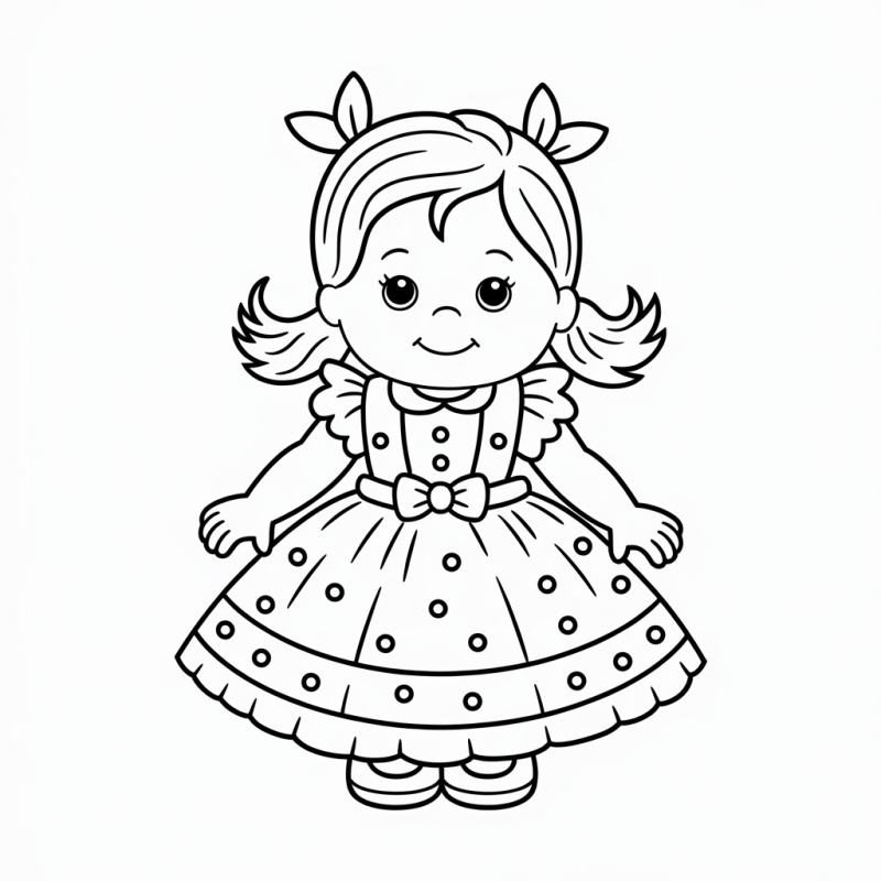 Desenho de uma boneca sorridente com vestido vintage e maria-chiquinhas para colorir