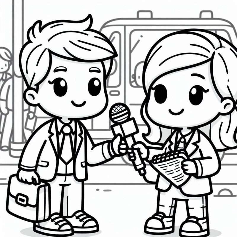 Desenhos de bonecos chibi jornalistas para colorir, personagem masculino com terno e personagem feminino com bloco de notas