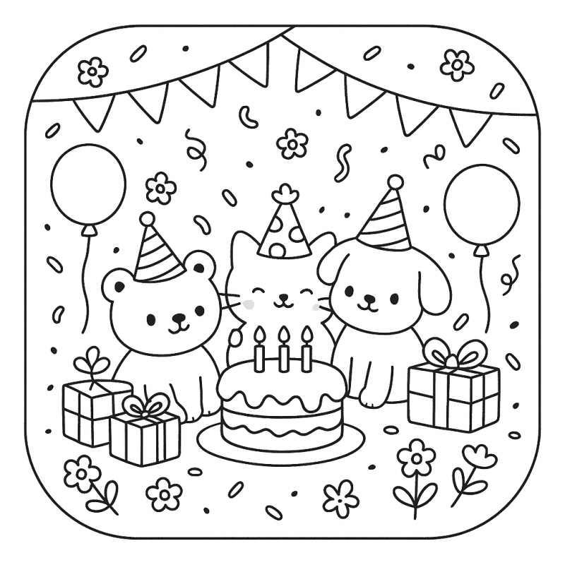 Cena de festa de aniversário com urso, gato e cachorro Boobie Goods