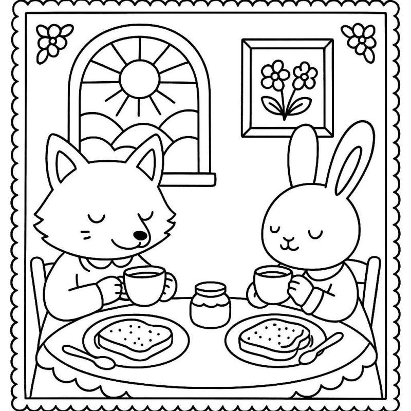 Colorindo Encantadoras Aquarelas Boobie: Refeição entre Raposa e Coelho Desenho boobie goods de uma raposa e coelho tomando chá juntos