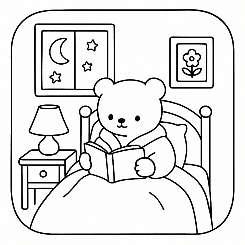 Desenho de Ursinho Fofo Lendo na Cama Desenho de ursinho fofo lendo na cama: um momento de serenidade para colorir