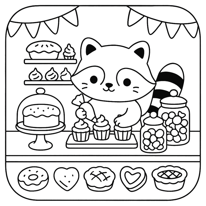 Guaxinim Fofo Decorando Cupcakes em Confeitaria Adorável