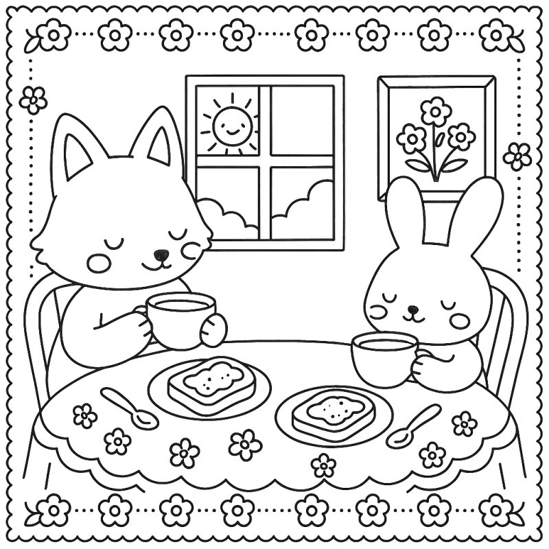 Café da Manhã Encantador: Gato e Coelho Desenho de café da manhã com gato e coelho para colorir