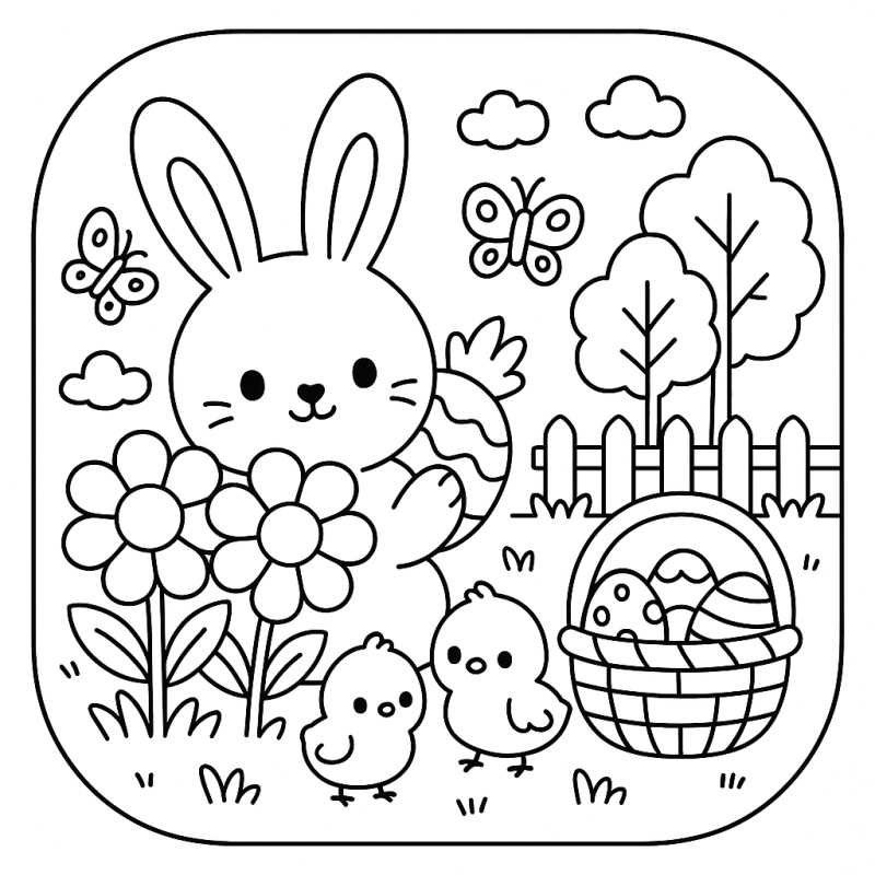 Desenho de Coelho de Páscoa com Ovos, Flores e Pintinhos para Colorir