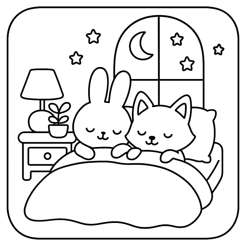 Desenho de um coelho e gato em um cenário noturno sereno