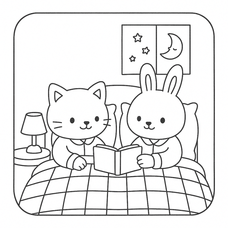 Desenho Boobie Goods de gato e coelho em pijamas sob a luz da lua
