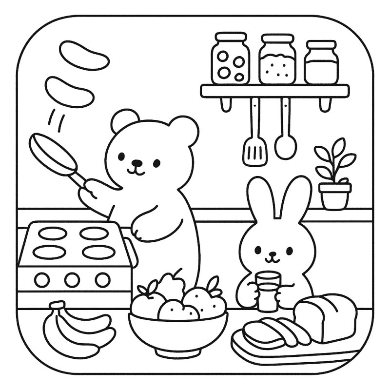Desenho de cozinha aconchegante com urso cozinhando panquecas e coelhinha na mesa.