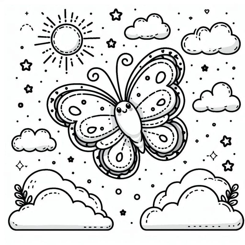 Desenho para colorir de borboleta voando em um céu com sol, nuvens e estrelas