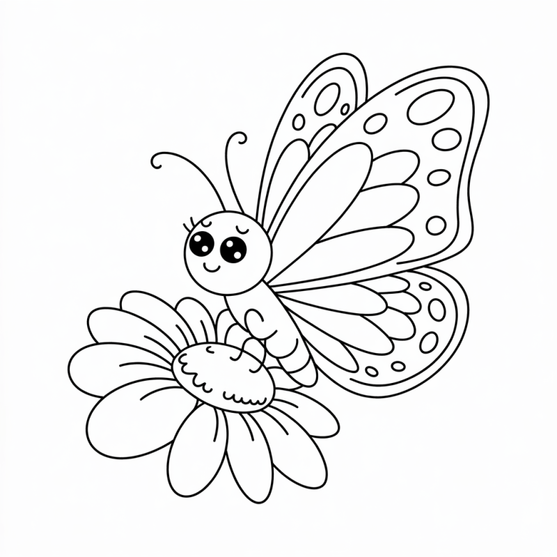 Desenho para colorir de uma borboleta sorridente pousada sobre uma flor
