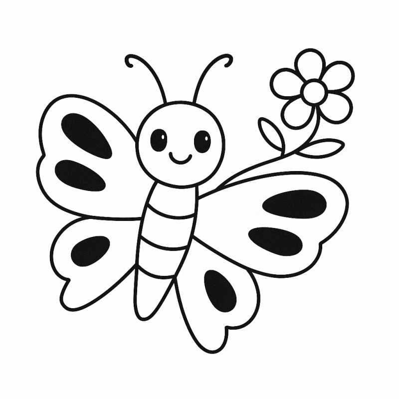 Desenho de borboleta cute e amigável com flor para colorir
