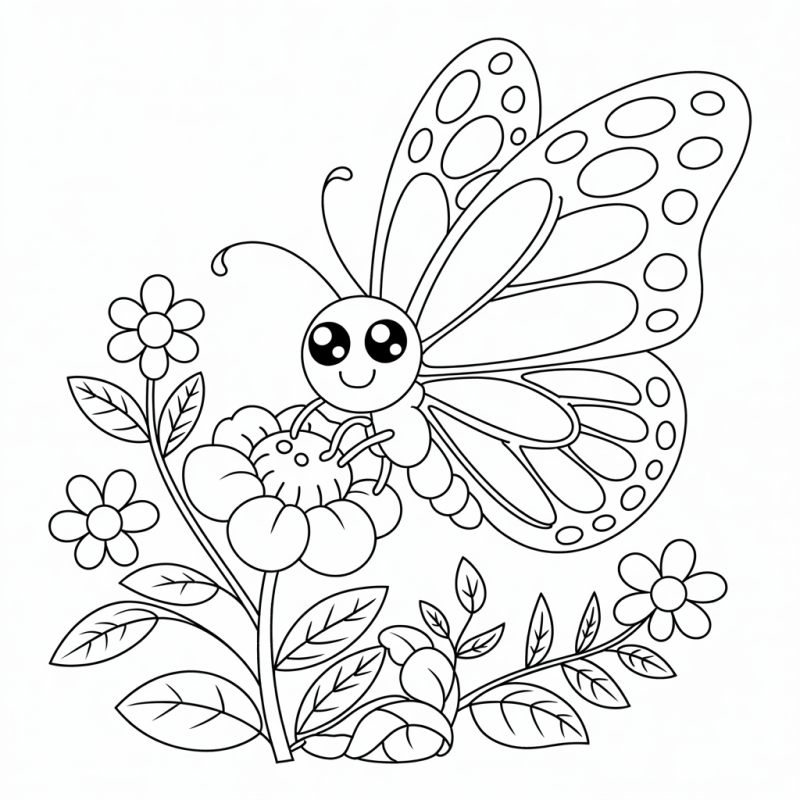 Desenho de uma borboleta amigável pousada em uma flor, pronto para colorir
