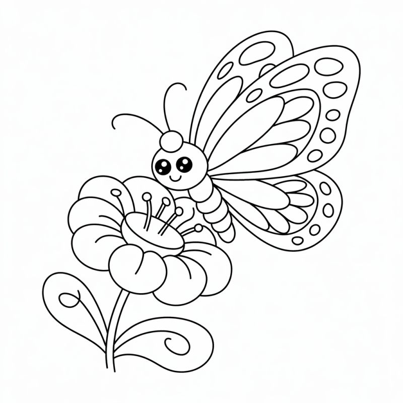 Desenho Borboleta Sorridente sobre Flor Estilizada