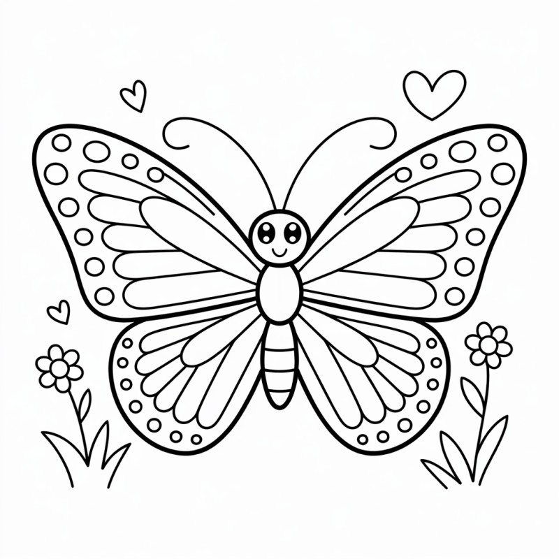 Desenho de uma borboleta sorridente estilizada com asas geométricas para colorir