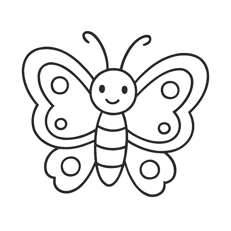 Desenho simplificado de borboleta amigável para colorir, ideal para crianças.